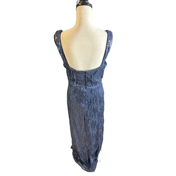 R&M Richards Blue Sequin Maxi Dress NEW V Neck Fringe Open Back Stretchy Size 14 - Picture 5 of 9